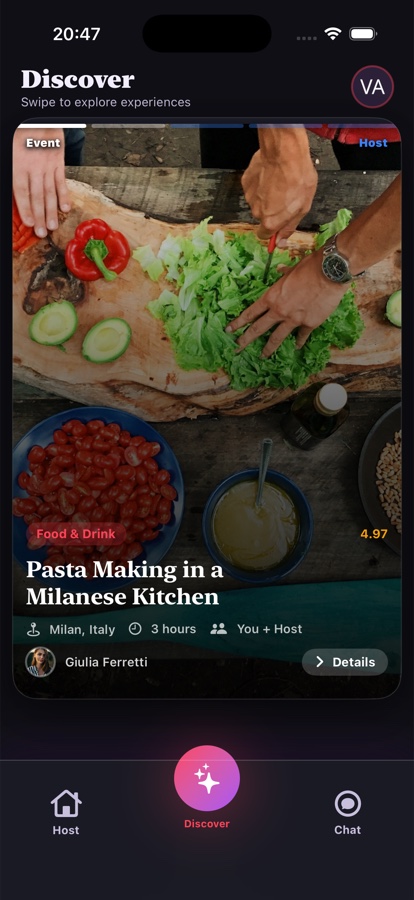 Vapai Discover screen showing a pasta making experience